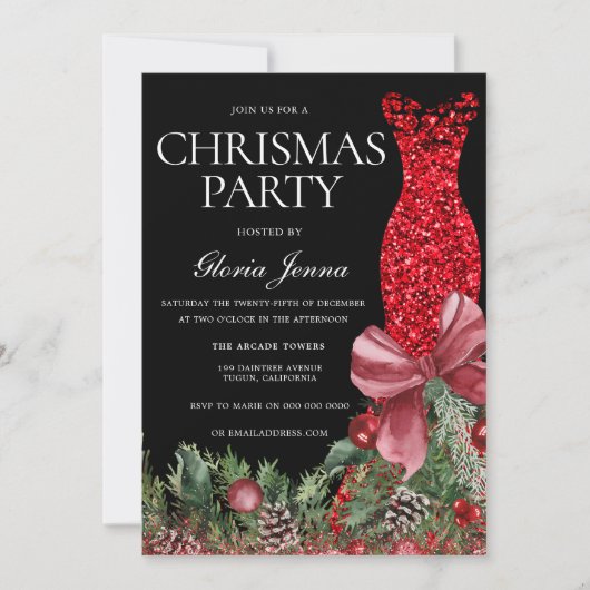 Red Glitter Gown Feestelijke Kerstfeest Kaart (Voorkant)