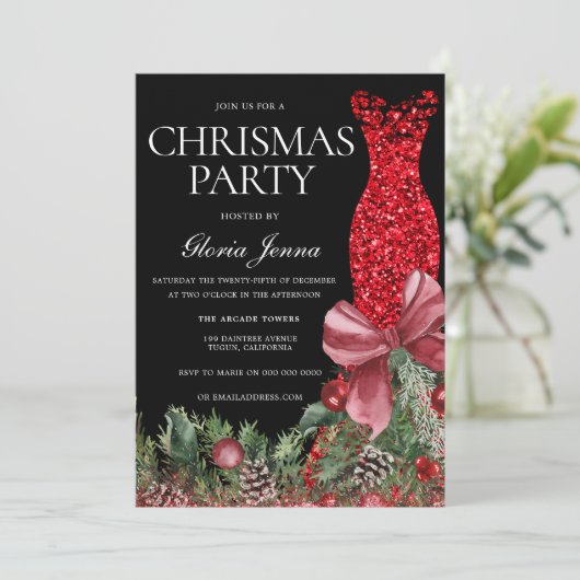 Red Glitter Gown Feestelijke Kerstfeest Kaart (Staand voorkant)