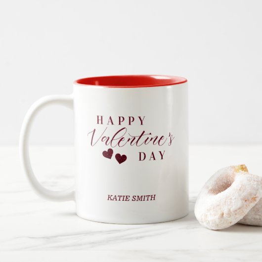 Red Glitter Happy Valentine's Day Hearts Tweekleurige Koffiemok (Met donut)