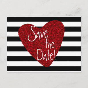 Red Glitter Heart Black White Striped Briefkaart
