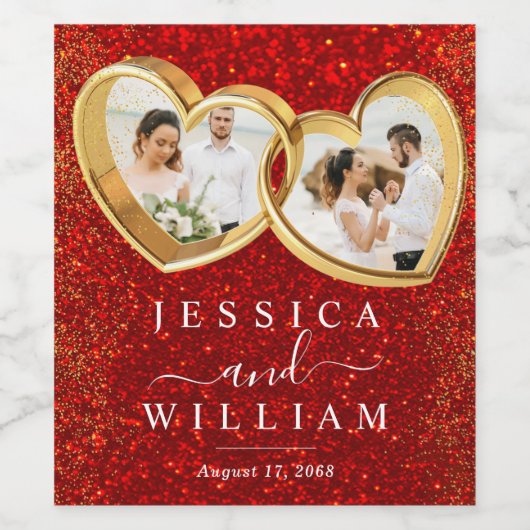 Red Glitter Hearts Photo Custom Wedding Wijn Etiket (Enkel label)