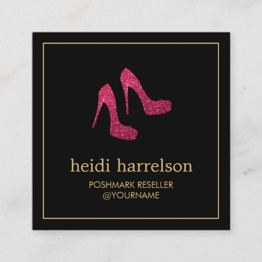 Red Glitter Heels Boutique, Postmark Verkoper Zwar Vierkante Visitekaartje (Voorkant)