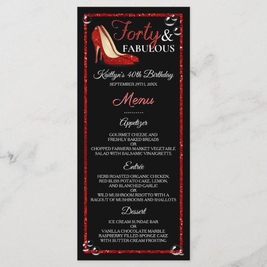 Red Glitter High Heels | Veertig jaar en feestdag Menu (Voorkant)