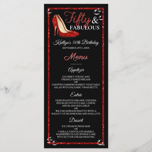 Red Glitter High Heels | Vijftig jaar en feestdag Menu (Voorkant)