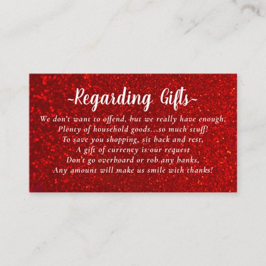 Red Glitter Honeymoon Fund vrijgezellenfeest bruil Informatiekaartje (Voorkant)