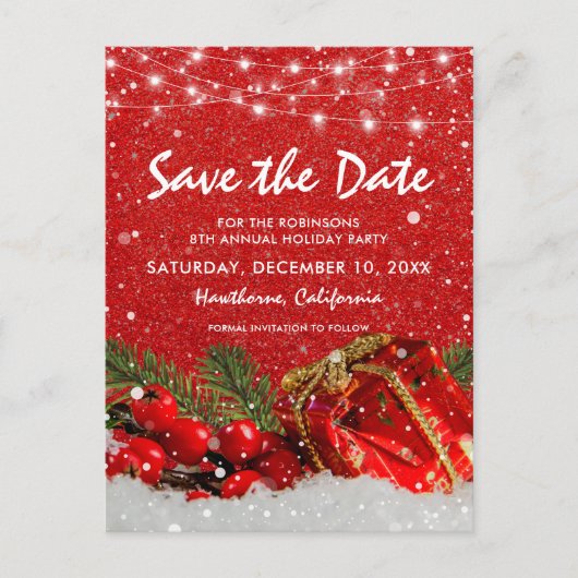 Red Glitter Kerstfeestdag Opslaan Datum Aankondigingskaart (Voorkant)