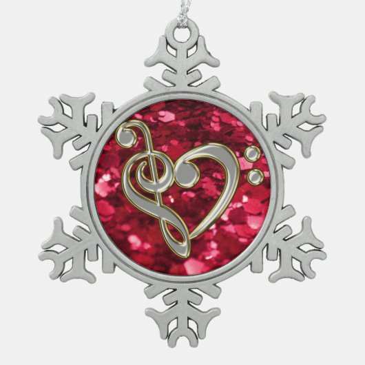Red Glitter-kerstmuziek Heart Clef Snowflake Tin Sneeuwvlok Ornament (Voorkant)