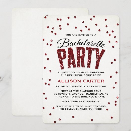 Red Glitter Kijk Confetti Bachelorette Party Kaart (Voorkant / Achterkant)