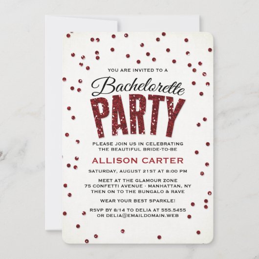Red Glitter Kijk Confetti Bachelorette Party Kaart (Voorkant)