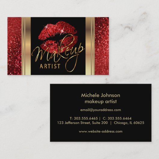 Red Glitter Lips en Elegant Gold Script Visitekaartje (Voorkant / Achterkant)