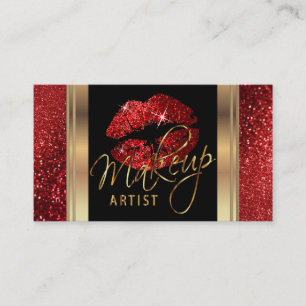 Red Glitter Lips en Elegant Gold Script Visitekaartje