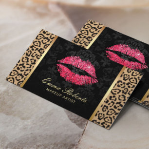 Red Glitter Lips Leopard Damask Makeup Artist Visitekaartje