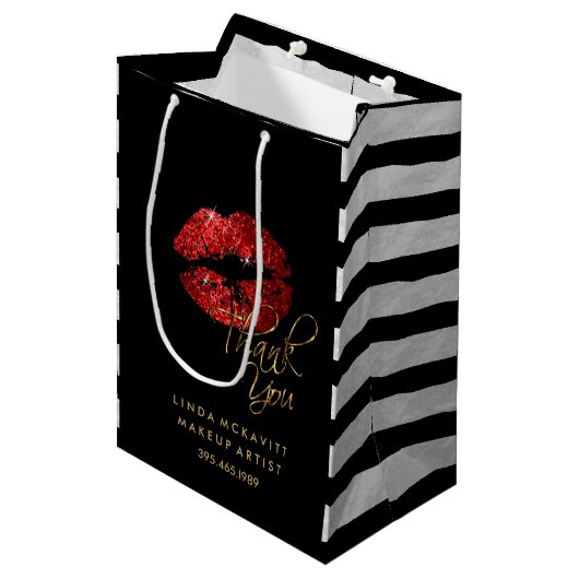 Red Glitter Lipstick en White Stripes - Hartelijk  Medium Cadeauzakje (Voorkant Gekanteld)