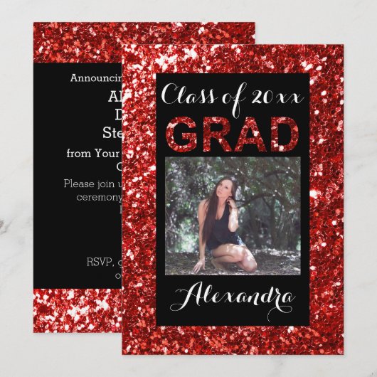 Red Glitter-look 1 Foto-Afstuderen Kaart (Voorkant / Achterkant)