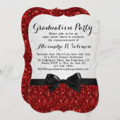 Red Glitter-look Bow Graduation Party Invitation Kaart (Voorkant / Achterkant)