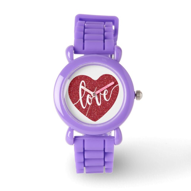 Red Glitter Love Heart | VALENTIJNSE Horloge (Voorkant)