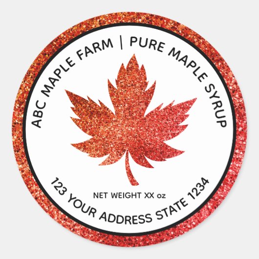 Red Glitter Maple Leaf Maple Syrup Label (Voorkant)