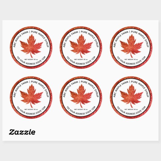 Red Glitter Maple Leaf Maple Syrup Label (Vel)