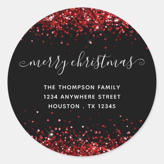 Red Glitter Merry kerstnaam Adres zwart Ronde Sticker (Voorkant)