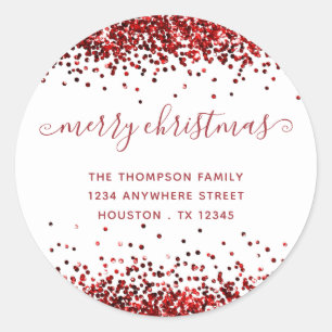 Red Glitter Merry kerstnaam Return Address Ronde Sticker