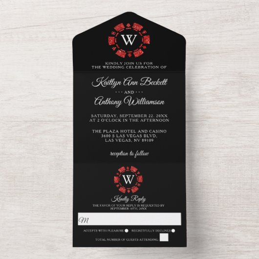 Red Glitter Monogram Poker Chip Casino Wedding All In One Uitnodiging (Binnen)