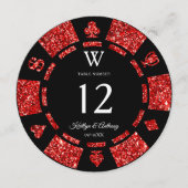 Red Glitter Monogram Poker Chip Casino Wedding Kaart (Voorkant)