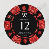 Red Glitter Monogram Poker Chip Casino Wedding Kaart (Achterkant)