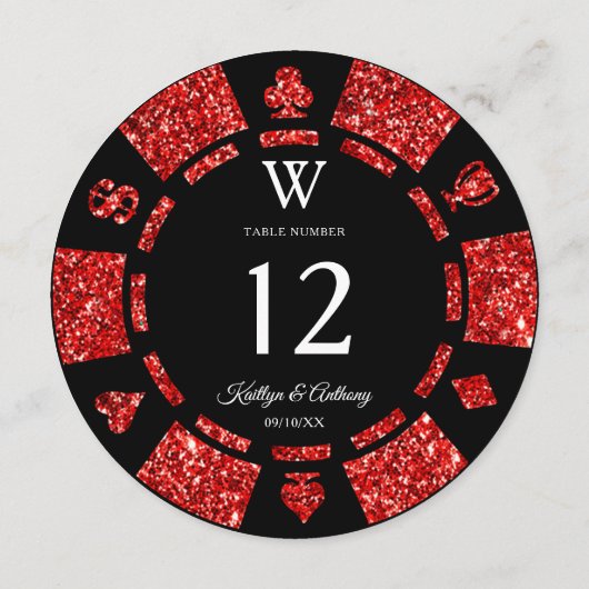 Red Glitter Monogram Poker Chip Casino Wedding Kaart (Achterkant)