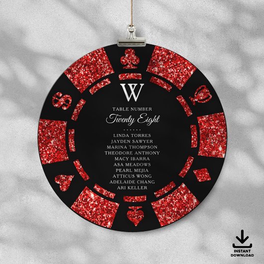 Red Glitter Monogram Poker Chip Casino Wedding Kaart