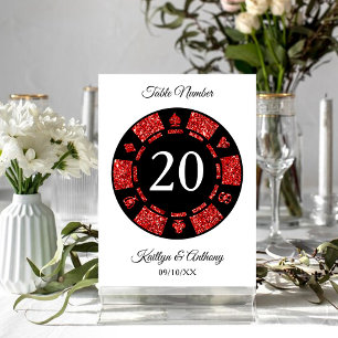 Red Glitter Monogram Poker Chip Casino Wedding Kaart