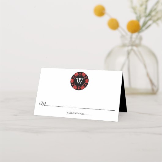 Red Glitter Monogram Poker Chip Casino Wedding Plaatskaartje (Voorkant)