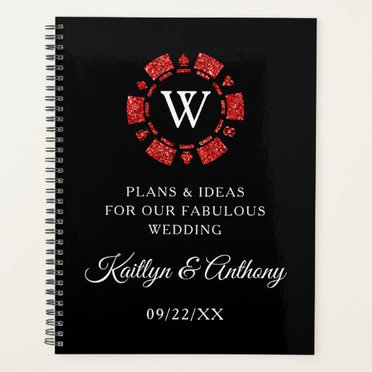 Red Glitter Monogram Poker Chip Casino Wedding Planner (Voorkant)