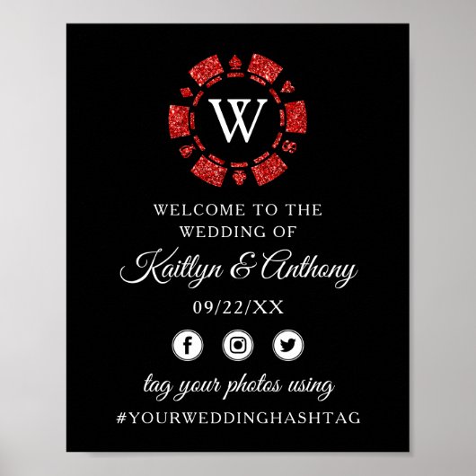 Red Glitter Monogram Poker Chip Casino Wedding Poster (Voorkant)
