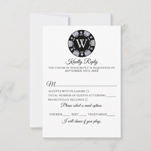 Red Glitter Monogram Poker Chip Casino Wedding RSVP Kaartje (Voorkant)