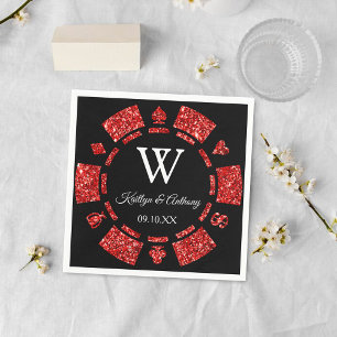Red Glitter Monogram Poker Chip Casino Wedding Servet