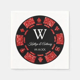 Red Glitter Monogram Poker Chip Casino Wedding Servet