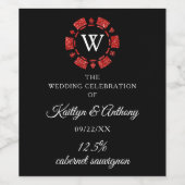 Red Glitter Monogram Poker Chip Casino Wedding Wijn Etiket (Enkel label)