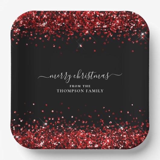 Red Glitter Name Merry KerstBlack Papieren Bordje (Voorkant)