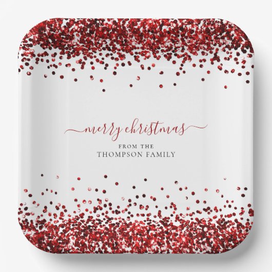 Red Glitter Name Merry KerstWhite Papieren Bordje (Voorkant)