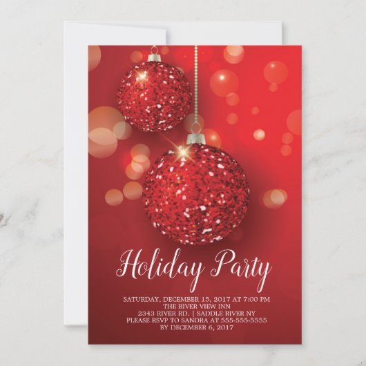 Red Glitter Ornament Holiday Party Invitation Kaart (Voorkant)