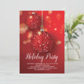 Red Glitter Ornament Holiday Party Invitation Kaart (Staand voorkant)