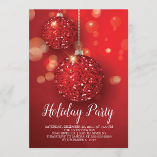 Red Glitter Ornament Holiday Party Invitation Kaart