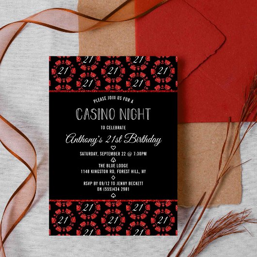 Red Glitter Poker Chip Casino Night Party Kaart