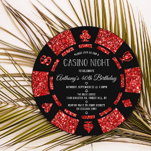 Red Glitter Poker Chip Casino Night Party Kaart