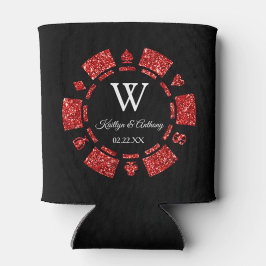 Red Glitter Poker Chip Casino Wedding Blikjeskoeler (Achterkant)