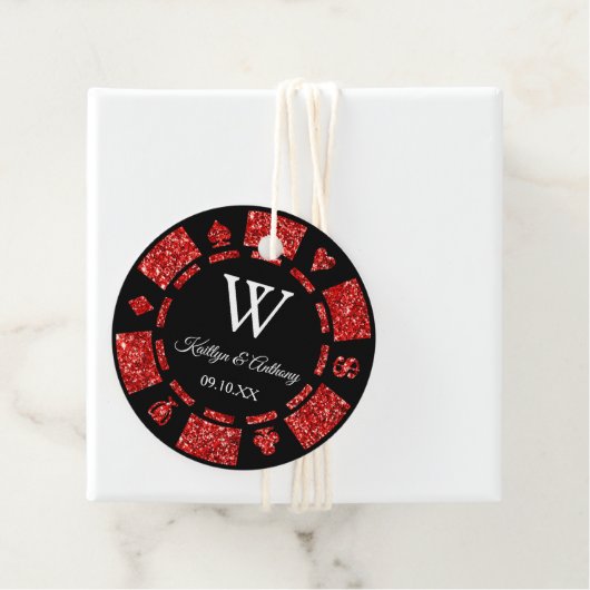 Red Glitter Poker Chip Casino Wedding Party Bedankjes Labels (In situ)