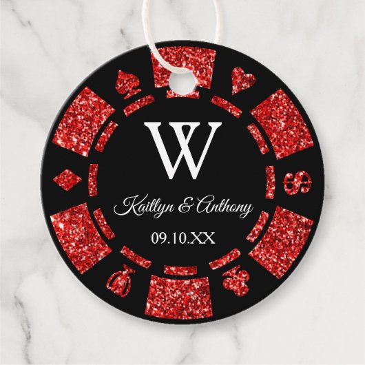 Red Glitter Poker Chip Casino Wedding Party Bedankjes Labels (Voorkant)