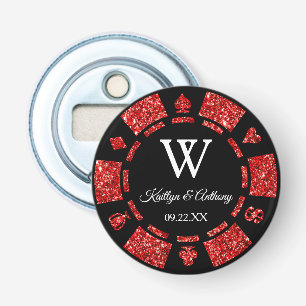 Red Glitter Poker Chip Casino Wedding Party Favor Button Flesopener