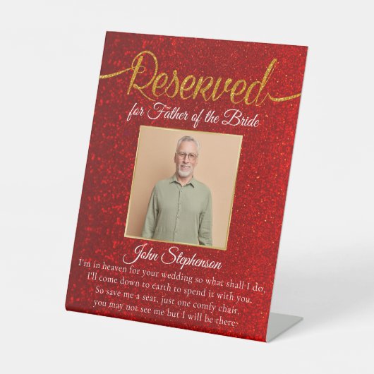 Red Glitter Save a Seat Photo Weddenorial Reclamebord Met Voetstuk (Voorkant)
