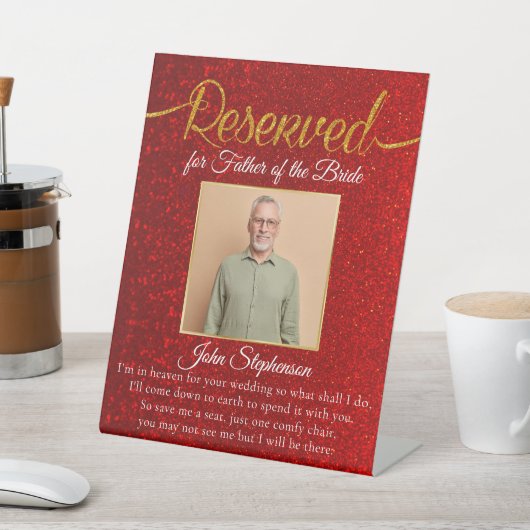 Red Glitter Save a Seat Photo Weddenorial Reclamebord Met Voetstuk (Insitu)